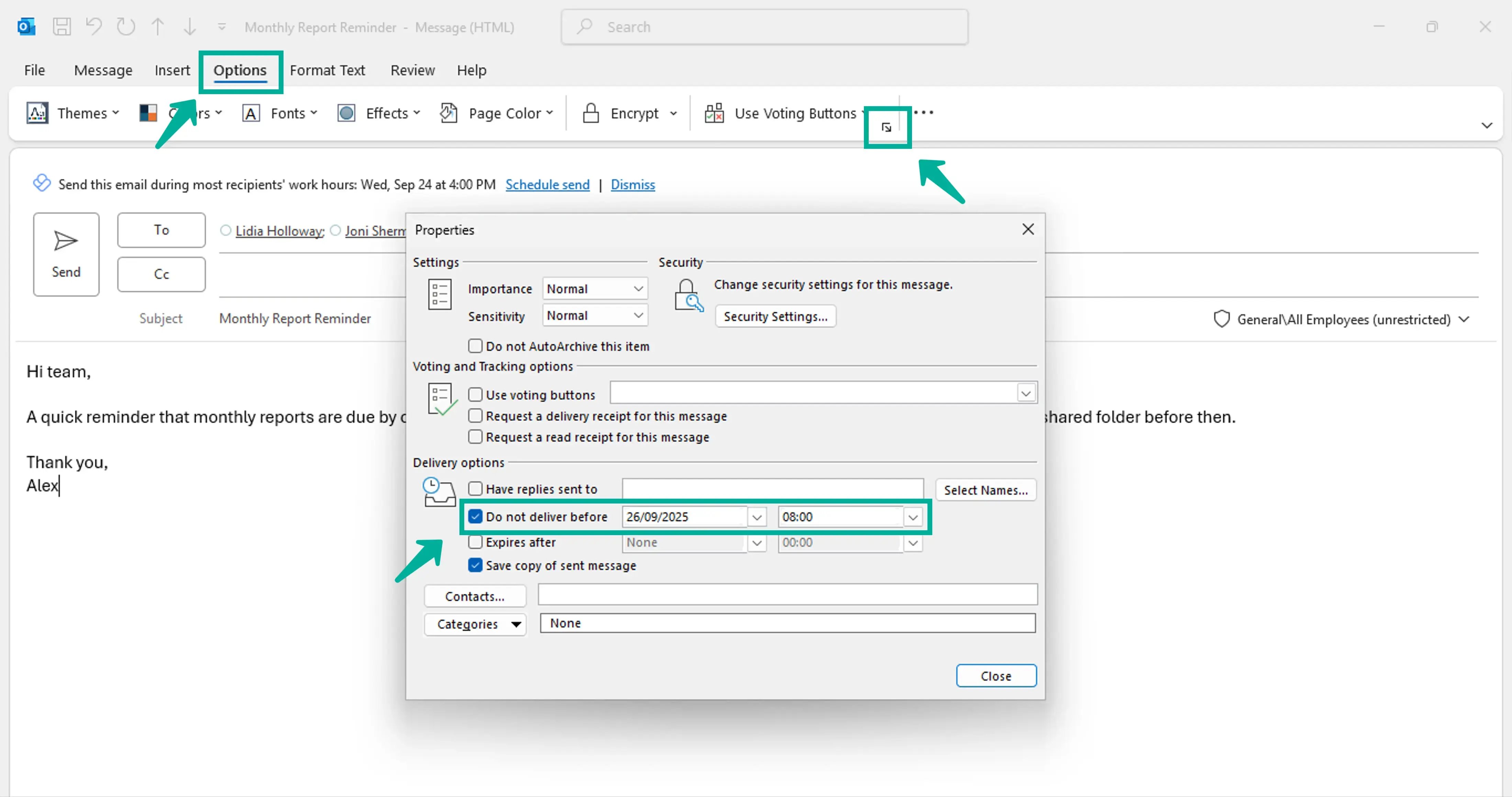 How to schedule an email in Outlook 6